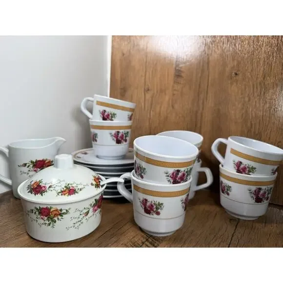 Vintage Rose Tea Set Sugar Creamer 8 Cups & Saucers - Picture 1 of 4
